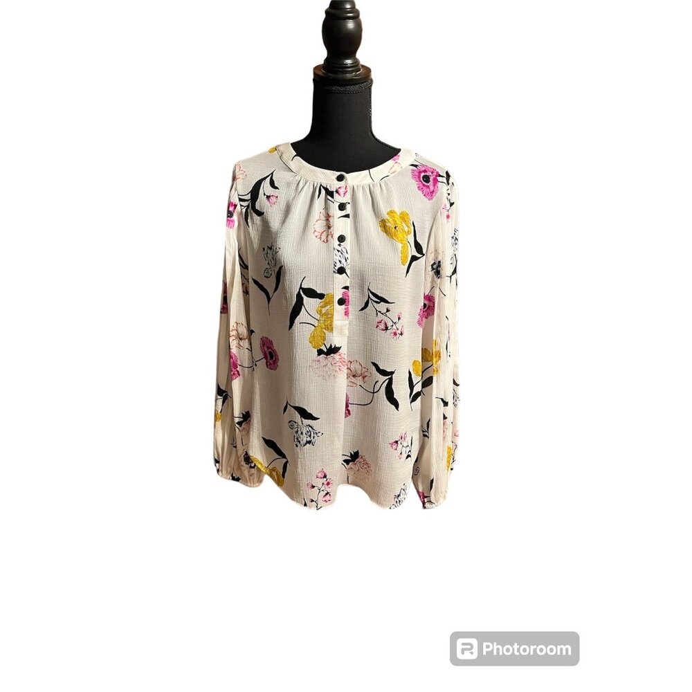 Ann Taylor Multicoloured Tunic Floral Print‎ Button Front Pleated Sleeve Blouse
